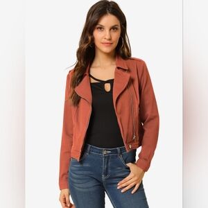 NWT Allegra K Brick Red Biker Notched Lapel Asymmetric Zip Moto Denim Jackets